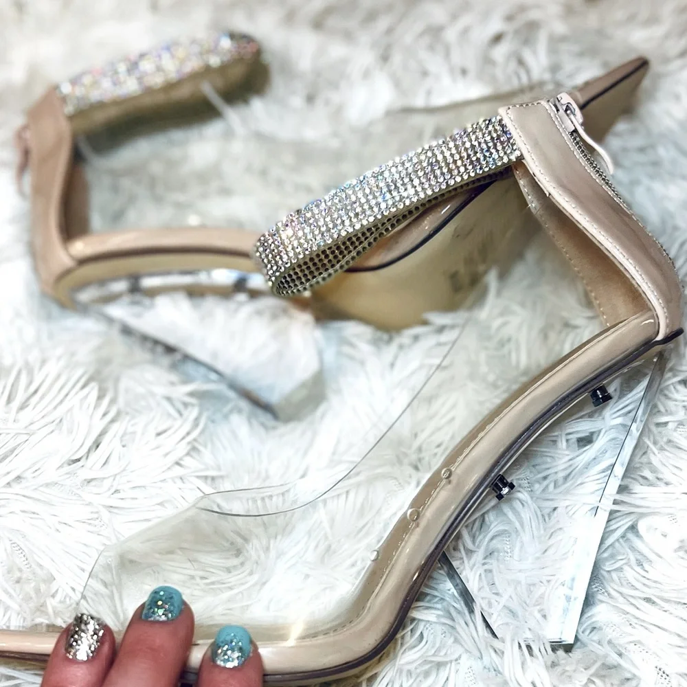 RESTOCKED! UNIQUE NUDE GLAM RHINESTONE LUCITE HEELS - Picture 9 of 9